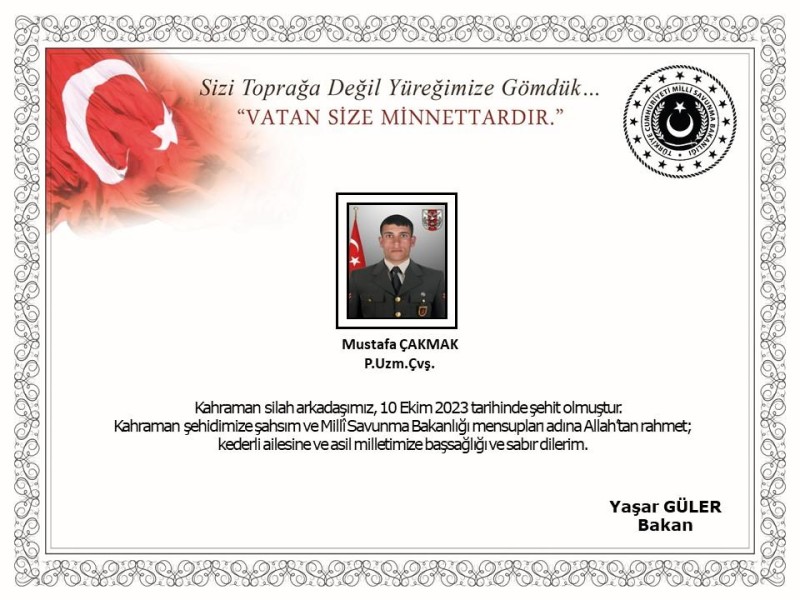 Türkiyə antiterror əməliyyatlarında daha bir şəhid verdi